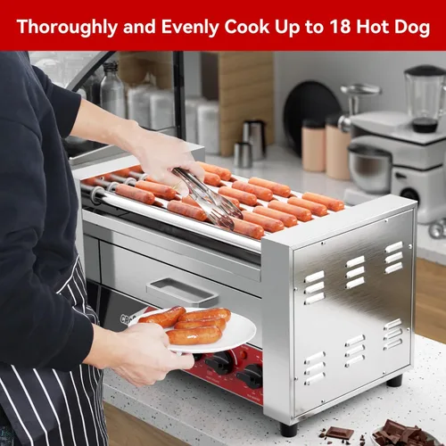 Vista 2 de CROSSON Hot Dog 7 Rodillos con Calentador de Pan, Máquina Comercial de Cocina con Asador Giratorio Antiadherente 7 en 304, Parrilla Eléctrica