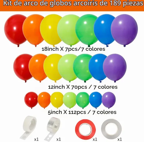 Vista 2 de RUBFAC Kit de arco de guirnalda de globos de arco iris de 189 piezas, 7 colores surtidos de globos de látex de 5/12/18 pulgadas para fiesta