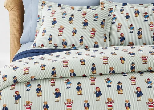 Vista 2 de POLO RALPH LAUREN Conjunto de edredón Twin con diseño de oso, a rayas verdes para niño, con funda estándar