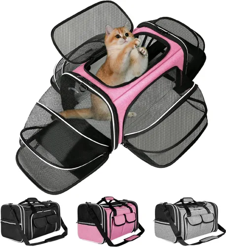 Vista 7 de Estarer Transportador de mascotas de lados suaves aprobado por aerolíneas, transportador plegable expandible de 4 lados con bolsillos y almohadilla