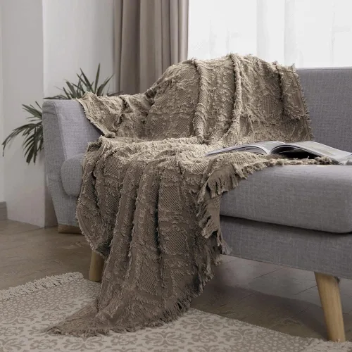 Vista 6 de Simple&Opulence Manta de 100 % algodón para cama, sofá, manta tejida geométrica bohemia con borlas, suave, ligera, transpirable, decoración de Marrón