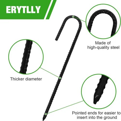 Vista 3 de ERYTLLY Estacas de Varilla Corrugada de 12 Pulgadas con Gancho en J, Estacas de Metal Galvanizado Resistente para Suelo, Barril, Carpa, Juego