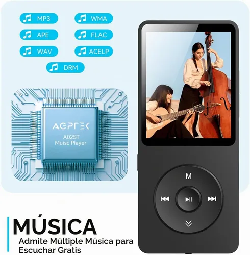 Vista 5 de AGPTEK Reproductor MP3 A02 con Bluetooth 5.3, pantalla de 1.8 pulgadas, reproductor de música portátil con altavoz, radio FM, grabadora de voz Negro