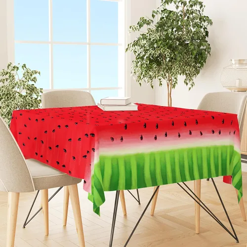 Vista 5 de Mantel de tela reutilizable con estampado de sandía, diseño de frutas, 60 x 104 pulgadas, mantel rectangular de verano rojo y verde para vacaciones