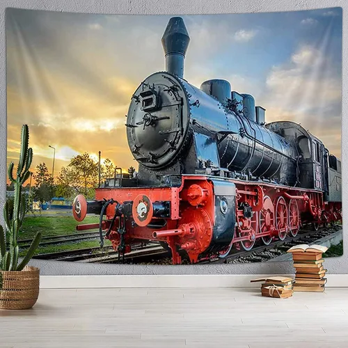 Vista 17 de Tapiz de Tren de Vapor, Tapices de Paisaje Otoñal de Tren de Motor Antiguo Decoración para Niños, Tapices de Arte de Acuarela de Bosque de Montaña