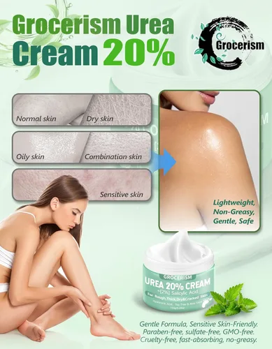 Vista 5 de Crema de urea 20 por ciento para pies más 2% ácido salicílico 5.29 oz Crema de pies y manos de máxima fuerza con ácido hialurónico, árbol de té