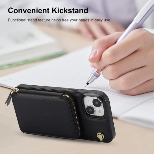 Vista 6 de Bocasal Funda tipo cartera cruzada para iPhone 15 Plus, funda de piel con bloqueo RFID y soporte para tarjetas, funda protectora con cremallera