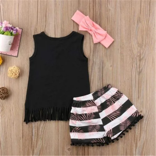 Vista 3 de Conjunto de ropa de verano con flecos para bebé, niña, camiseta sin mangas, pantalones cortos con borlas, diadema, Negro