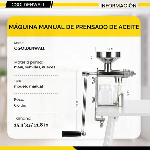 Vista 3 de CGOLDENWALL Máquina de prensa de aceite manual Extractor de prensa de aceite de semilla para el hogar Expulsor de aceite de nueces de cacahuete