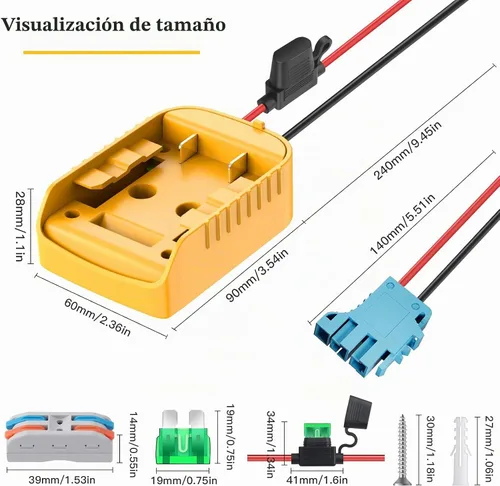 Vista 7 de Adaptador de ruedas eléctricas para Dewalt Adaptador de batería de 20 V, kit de convertidor de batería con fusible, interruptor y conector de arnés