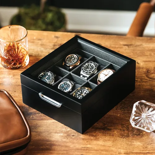 Vista 6 de CASE ELEGANCE Caja de reloj moderna 2x3 acabado negro con mango de aluminio personalizado 6 ranuras con vidrio real