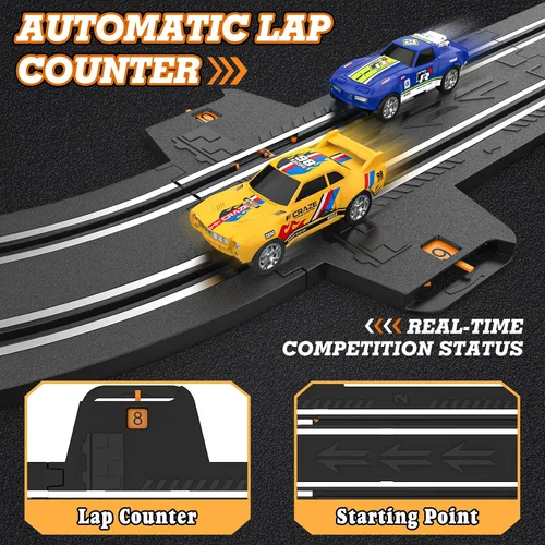 Vista 4 de Conjuntos de Pista de Carreras de Slot con Autos de Carreras de Alta Velocidad 1:64, Pista de Coches Eléctricos o con Batería, Juego Dual