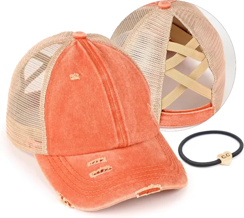 Vista 32 de C.C Gorra de béisbol de malla con diseño de estrella brillante, gorra de camionero ajustable para moño o cola de caballo Una banda elástica-negro