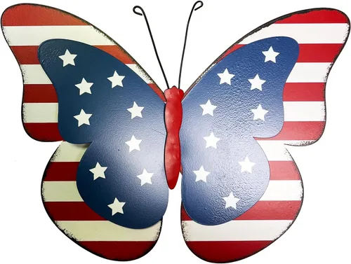 Vista 8 de SAGUZOU Letreros rústicos colgantes de metal con bandera americana patriótica de mariposa para puerta y patio, 4 de julio, blanco, azul, rojo, Día