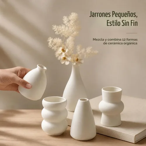 Vista 4 de Juego de 12 jarrones de cerámica blanca para flores de hierba de las pampas, jarrones pequeños Japandi a granel para centros de mesa de boda