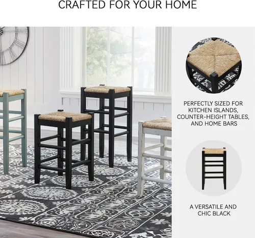 Vista 5 de Signature Design by Ashley Mirimyn Farmhouse - Taburete de bar de altura de barra de 29.5 pulgadas con asientos de mimbre tejido, 2 unidades, negro