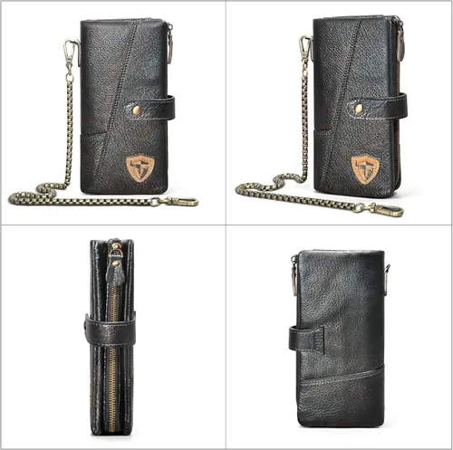 Vista 3 de Handadsume Genuino caballo loco cuero viaje regalo moneda bolsillo tarjeta caso largo organizador cadena Rfid monedero con broche para hombres