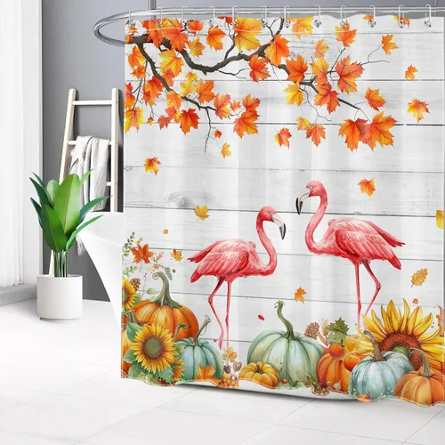 Vista 39 de HVEST Cortina de ducha con ganchos, calabaza espeluznante y fantasma con sombrero de bruja negro, juego de cortina de ducha naranja con flores