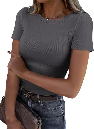 Vista 12 de Roselux - Camiseta ajustada de manga corta con cuello redondo de canalé, camiseta básica de punto. Beige
