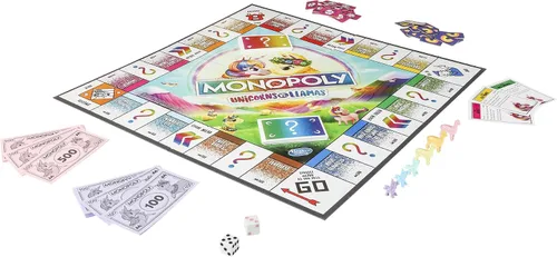 Vista 3 de Monopoly Juego de mesa Unicornios contra Llamas para edades de 8 años en adelante, juega en el equipo unicornio o llama del
