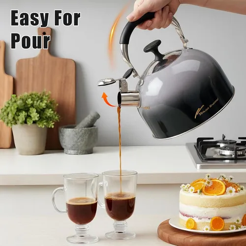 Vista 6 de Tinlon - Tetera esmaltada de 2.5 cuartos de galón para estufa, color negro Hervidor de cocina de acero inoxidable con mango plegable para agua