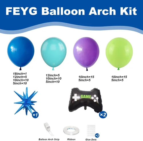 Vista 2 de Kit de Arco de Globos de Videojuegos de 120 Piezas, Globos de Fiesta Azul Púrpura Verde Negro con 2 Globos de Papel de Aluminio con Forma de Mando