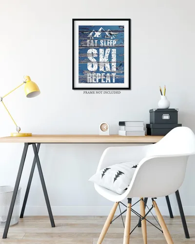Vista 8 de Eat Sleep Ski Repeat Wall Decor Art Print sobre un fondo de madera azul – 11x14 sin marco con tema de esquí – Gran regalo para familiares y amigos
