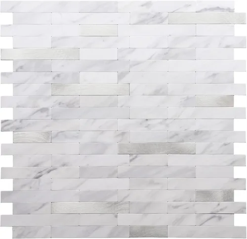 Vista 13 de STICKGOO Azulejo de protección contra salpicaduras para despegar y pegar, para cocina y baño, aspecto de madera negra y gris, PVC, mezcla de metal