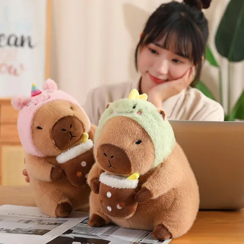 Vista 8 de Dinosaur Capibara de Peluche Bebiendo Té con Leche 11 Pulgadas Lindo Dino Capibara Animal de Peluche Ultra Suave Juguetes Kawaii Regalos para Niños