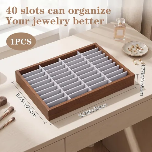 Vista 2 de 40-Slot Wood Velvet Bracelet Organizer Box, Gray Jewelry Display 13.8 x 9.5 x 1.8 inches, Stackable Bracelet Display Tray with Divider, Bangle