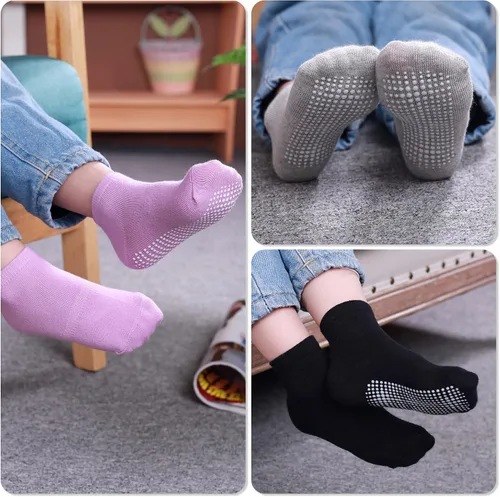 Vista 7 de Tenpluszero Calcetines de algodón antideslizantes para niños pequeños, calcetines de algodón con agarres para bebés, niños y niñas