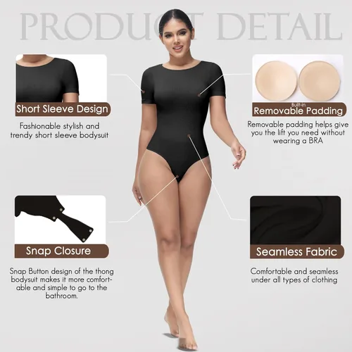 Vista 2 de Shapewear Bodysuit for Women Tummy Control Tops Crew Neck Short Sleeve Bodysuit Thong Sculpting with Removable Padding