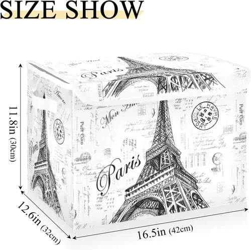 Vista 3 de Kigai Paris - Papeleras de almacenamiento plegables con tapa de torre Eiffel con doble asa, caja de almacenamiento abatible para documentos de ropa