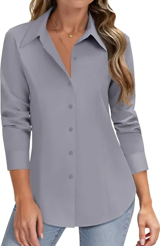 Vista 12 de HOTOUCH Camisas de manga larga con botones para mujer, camisas de vestir con protección contra manchas, ajuste delgado, blusas de trabajo, oficina