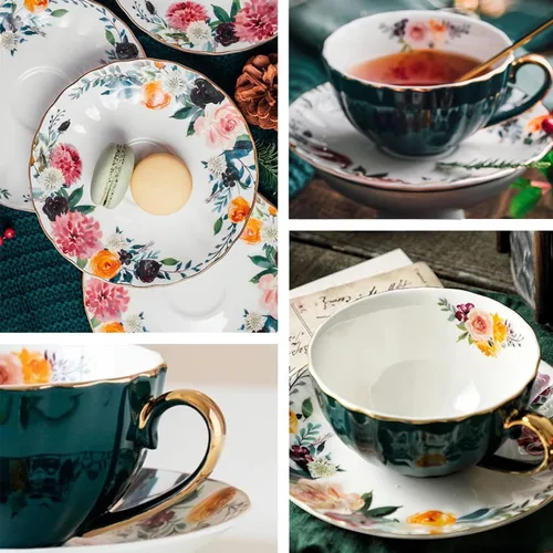 Vista 2 de ONEUSTAR Juego de taza de té y platillo para 1 taza de té floral de porcelana de hueso con cuchara, taza de café de 8 onzas, taza de capuchino latte