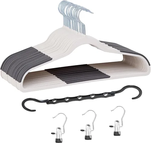 Vista 26 de VECELO - Juego de 25 perchas de plástico, con muescas antideslizantes para hombros para ahorrar espacio en el armario, percha resistente para Beige