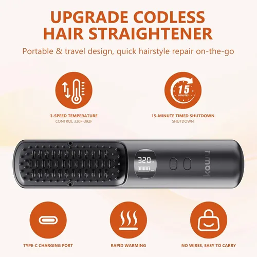 Vista 6 de Kawu Plancha eléctrica para el cabello, peine caliente portátil inalámbrico para viajes, de iones negativos de cerámica, mini peine alisador