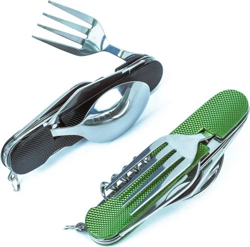Vista 7 de Juego de cubiertos multifunción 6 en 1 para acampar, cuchara desmontable, tenedor, cuchillo, kit combinado con bolsa de transporte