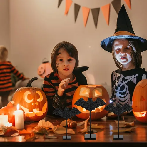 Vista 5 de 3 piezas de decoración de mesa de pie de Halloween, bandeja escalonada de madera, decoración de mesa de murciélagos dulces, maíz, centro de mesa