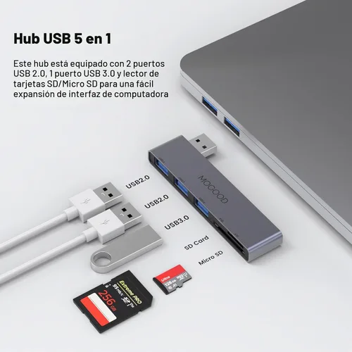 Vista 3 de MOGOOD Hub USB para portátil, divisor USB 3.0 5 en 1 lado izquierdo con SD Modelo Izquierdo