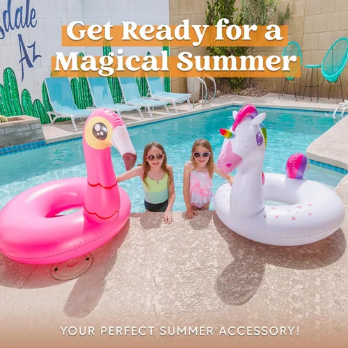 Vista 7 de JOYIN Paquete de 2 flotadores inflables de flamenco y unicornio para piscina, juguetes para decoración de fiesta, vacaciones de verano, lago, playa