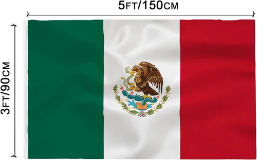Vista 2 de Bandera de México, bandera estadounidense de 3 x 5 pies, banderas nacionales mexicanas para interiores y exteriores, poliéster de calidad con ojales