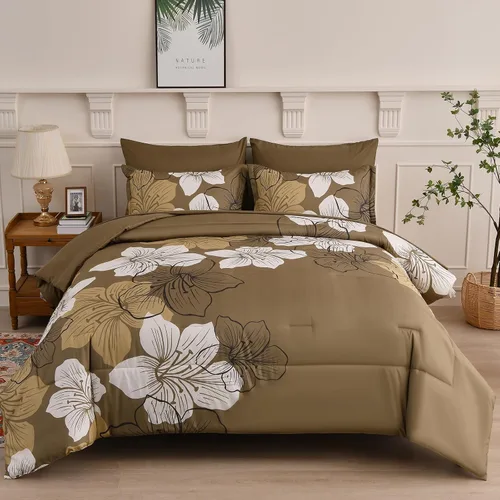 Vista 8 de Luxudecor Juego de edredón floral tamaño individual, 6 piezas de cama en una bolsa, edredón floral azul y juego de sábanas, juego de ropa de cama