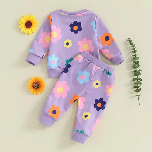 Vista 7 de Meiweileya Conjunto de sudadera con estampado floral para bebé y niña, sudadera sin botones y pantalones, ropa de otoño e invierno
