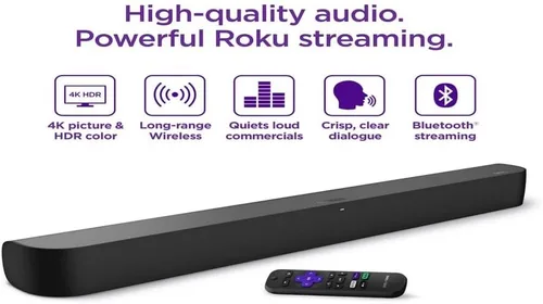Vista 2 de onn. Roku Barra de sonido inteligente con reproductor multimedia de transmisión 4K integrado (renovado)