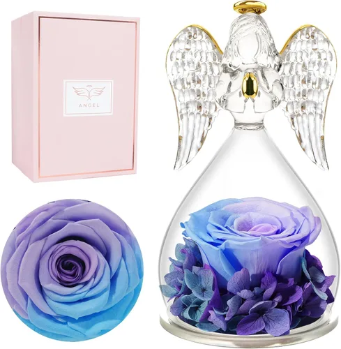 Vista 24 de Miofula Regalos para mamá, regalos de cumpleaños para mujeres, flores preservadas en figuras de ángel de cristal, flores frescas para entrega, Rosa