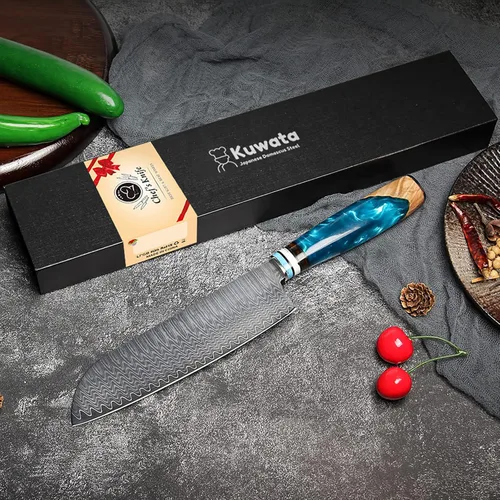 Vista 8 de Kuwata - Cuchillo Santoku profesional, cuchillo de cocina japonés de acero VG10 damasquinado, mango ergonómico de madera para chef, cuchillos
