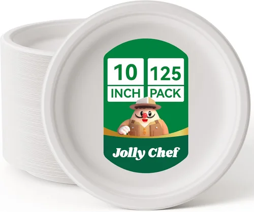 Vista 10 de JOLLY CHEF Platos compostables de alta resistencia de 10 pulgadas [Paquete de 125] Platos de papel desechables ecológicos de bagazo natural