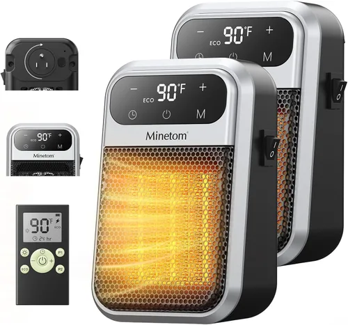 Vista 8 de Minetom Calentador de espacio portátil enchufable, calentador de pared pequeño de 800 W para uso en interiores, control remoto, temporizador de 12
