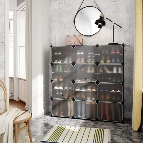 Vista 2 de Tangkula Organizador de zapatos de 48 pares, armario de almacenamiento de zapatos de 12 cubos con estante extraíble, 5 ganchos para colgar, estantes